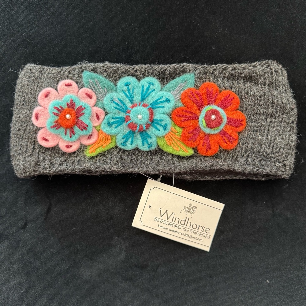 Windhorse Wool & Fleece Winter Gray Floral Headband